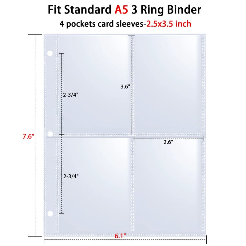 WITHYU 50 حزمة 400 جيوب 2.5x3.5 أكمام بطاقة التداول A5 Binder 4 جيب بطاقة الأكمام على الوجهين 4 جيوب 6.1x7.6 صفحة حامي أوراق بطاقة الألعاب فائقة الوضوح لـ A5 Mini 3 Ring Binder - Image 4